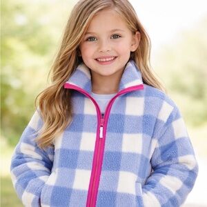 J. CREW Crewcuts Girls Jacket Size Small 6-7 Coat Purple White Checkered Zip-Up